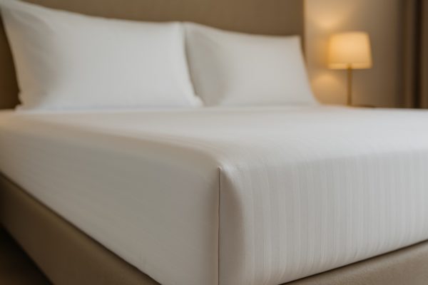 Netjes opgemaakt hotelbed met wit hoeslaken en strak gespannen beddengoed