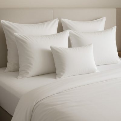 Strak opgemaakt hotelbed met meerdere witte kussens in verschillende maten en hoogtes voor optimaal slaapcomfort