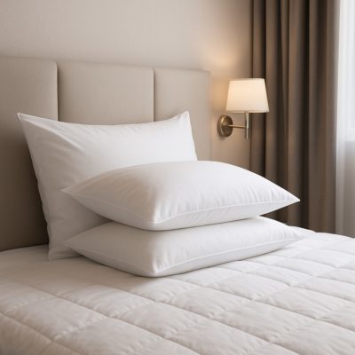 Wit hotelkussen op een strak opgemaakt bed in een moderne hotelkamer