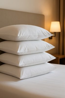 Stapeling van vier frisse witte hotelkussens op een opgemaakt bed