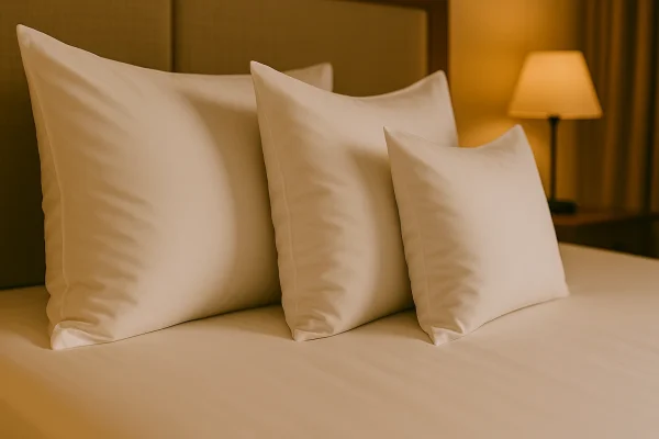 Drie hotelkussens in verschillende formaten en hardheden op een bed.