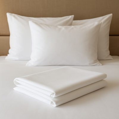 Hotelbed met witte kussens en kussenslopen, strak en hygiënisch opgemaakt voor luxe uitstraling