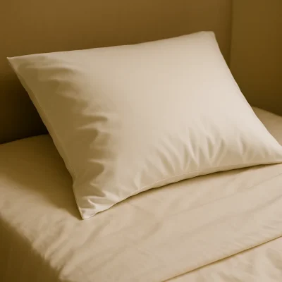 Wit kussen met strakke kussensloop op een net opgemaakt bed.