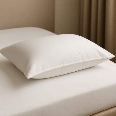 Witte kussensloop kopen strak passend op een kussen, opgemaakt op een bed in een frisse hotelkamer.