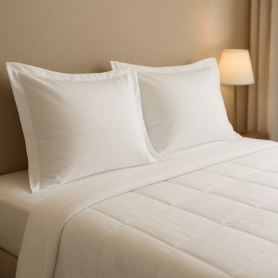 Twee witte kussens met Oxford kussensloop tegen beige hoofdbord; strak hotelbed in zacht daglicht.