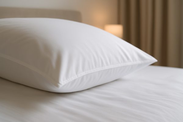 Witte kussensloop om een kussen op een opgemaakt bed in een hotelkamer