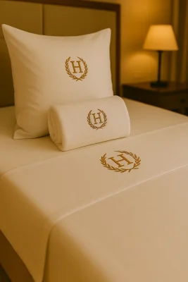 Hotelbed met gepersonaliseerd linnen voorzien van monogram.
