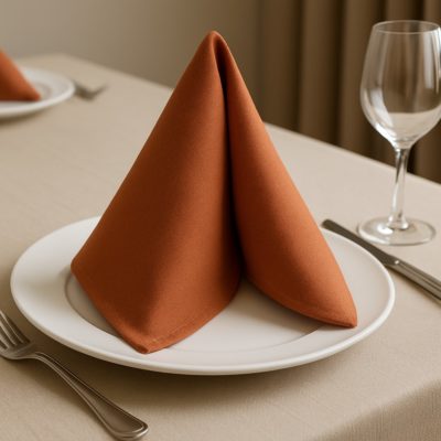 Mustardkleurige stoffen servetten op een elegant gedekte tafel in restaurantstijl.