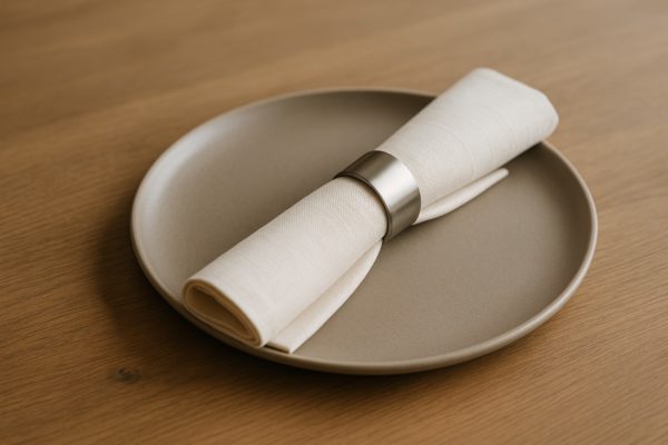 Creme linnen servet met rvs servetring op grijs keramisch bord op houten tafel, minimalistische tafelschikking.