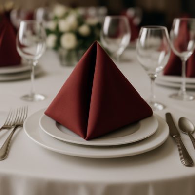 Elegante evenemententafel met strak gevouwen linnen servet op wit bord, glaswerk en bestek