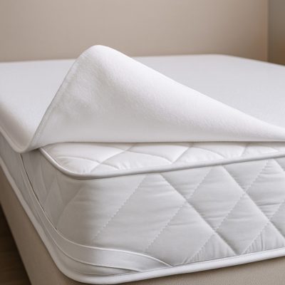 Close-up van een strak opgemaakt hotelbed met een waterdichte molton die het matras beschermt tegen vocht en vlekken.