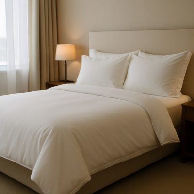 Strak opgemaakt bed met ivoorwit Egyptisch katoenen dekbedovertrek en kussens in warme, neutrale hotelkamer
