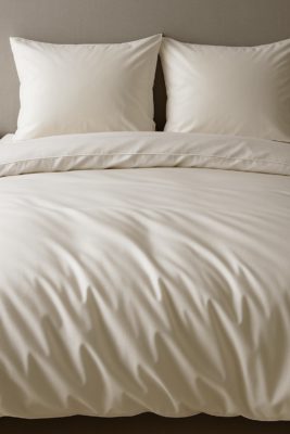 Neatly made bed met een Egyptisch katoen dekbedovertrek en kussens, strak en luxueus opgemaakt voor een hotelwaardige uitstraling