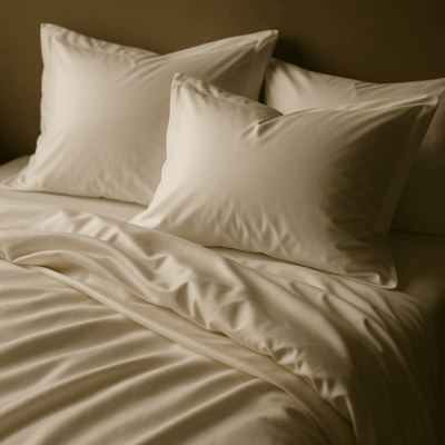 Strak opgemaakt bed met luxueus Egyptisch katoen dekbedovertrek en kussens in zachte, glanzende afwerking.