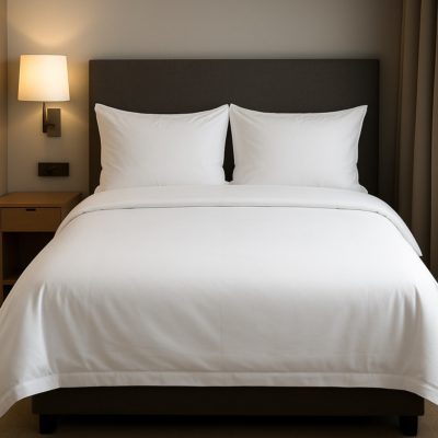 Net opgemaakt hotelbed met wit dekbedovertrek en kussens.