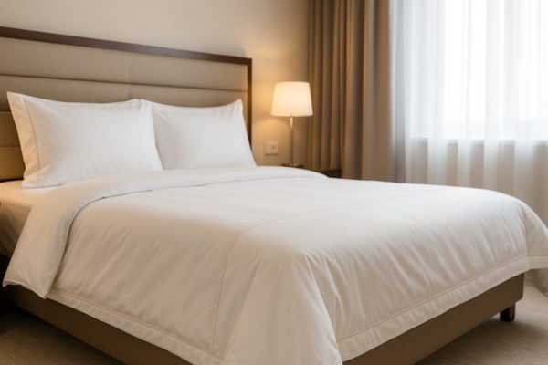 Hotelbed met mat wit linnen, taupe gordijnen en natuurlijk licht; neutraal hoofdbord en strakke valling.