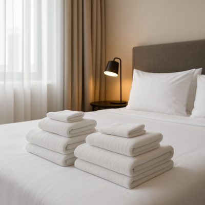 Netjes opgemaakte hotelkamer met fris wit linnen, symbool voor professionele linnenverhuur en gastvrij comfort.