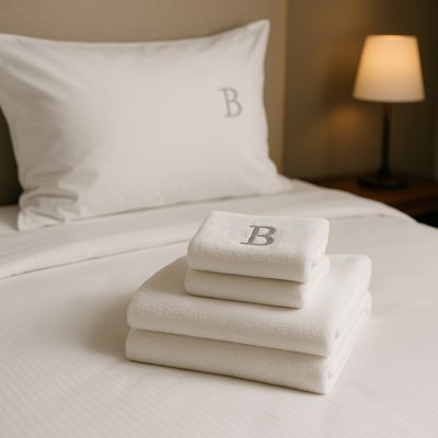 Hotelbed met wit linnengoed en gestapelde handdoeken voorzien van geborduurd B-logo