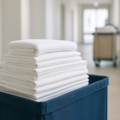 Netjes gevouwen wit linnenverhuur op een housekeeping kar in een lichte ruimte
