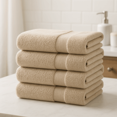 Stapel beige badlinnen handdoeken netjes gevouwen op marmeren blad in badkamer hotelkwaliteit.