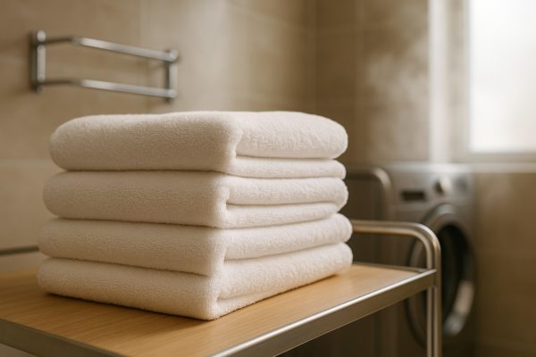 Stapel wit badlinnen op chromen rek bij spiegel; zachte lussen, netjes gevouwen, duurzaam in gebruik.