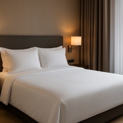 Hotelbed strak opgemaakt met wit bedlinnen kopen in een moderne hotelkamer.