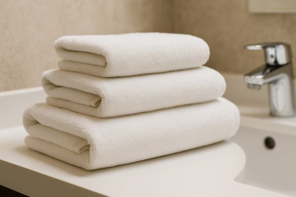 Stapel witte hotel handdoeken op een netjes opgemaakt bed met warme kamerverlichting