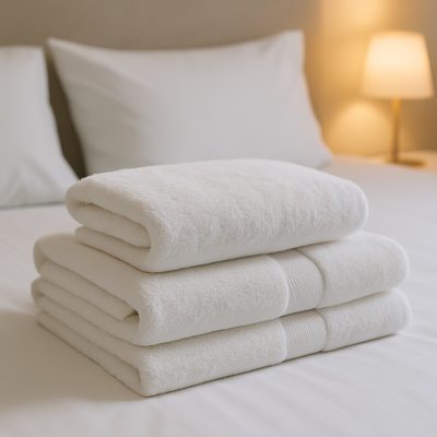 Stapeltje luxe witte hotel handdoeken van Egyptisch katoen op een bed met zachte verlichting