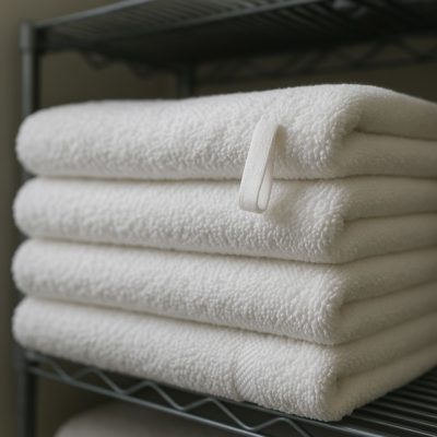 Stapel witte hotel handdoeken met lus op metalen rek; detail van luspool voor zacht gevoel en snelle droging.