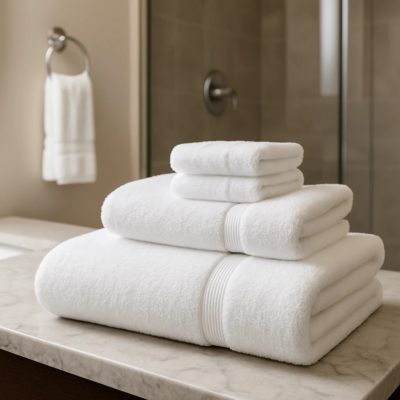 Stapel zachte witte hotel handdoeken netjes opgevouwen op een marmeren blad in een luxe badkamer.