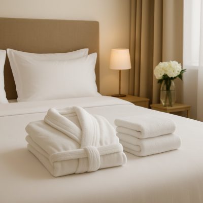 Stijlvolle hotelkamer met strak opgemaakt bed, witte lakens en handdoeken die consistentie en luxe uitstralen