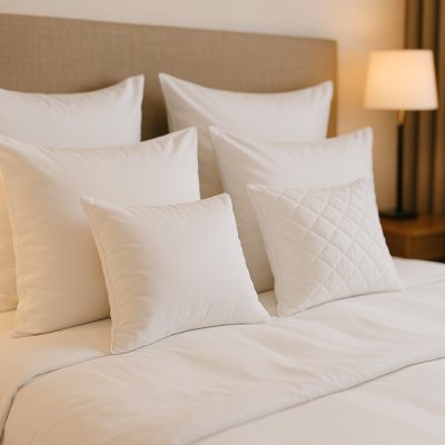 Hotelbed met vier symmetrisch geplaatste kussens in wit en beige, strak opgemaakt tegen een zachte headboard