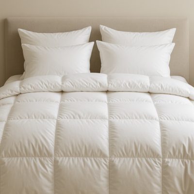 Netjes opgemaakt hotelbed met witte dekbedden en kussens in warme tinten.