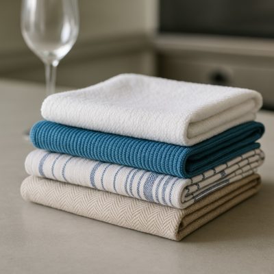 Gestapelde keuken- en theedoeken in neutrale en blauw-witte tinten op een aanrechtblad.