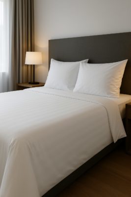 Strak opgemaakt hotelbed met wit dekbedovertrek en zachte verlichting