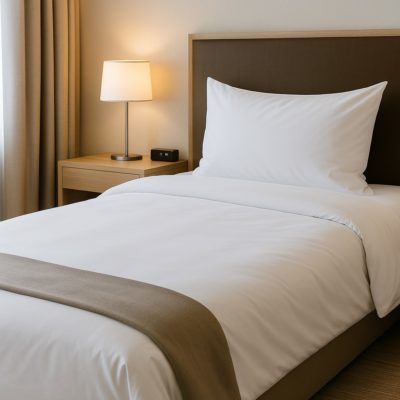 Luxe hotelkamer met wit dekbedovertrek en modern interieur