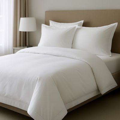 Strak opgemaakt hotelbed met wit hotel linnen in een moderne kamer met zachte verlichting.