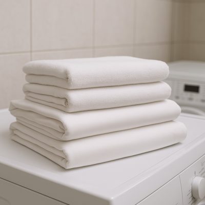 Stapel wit hotel linnen op wasmachine; focus op schone, strak gevouwen lakens en handdoeken.