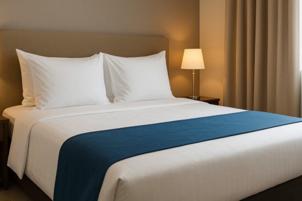 Linnenverhuur hotelbed met strak wit bedlinnen en blauwe loper – Hagatex