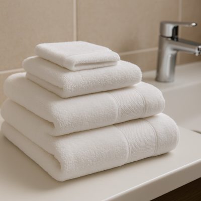 Luxe wit badlinnen voor hotels, opgevouwen op marmeren blad in moderne badkamer