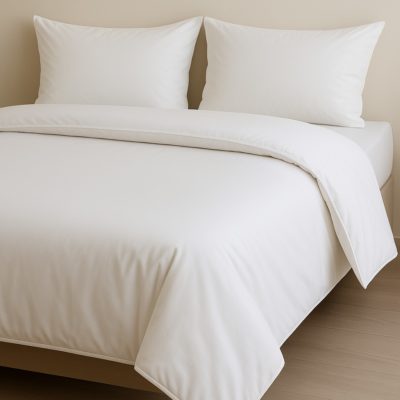 Strak opgemaakt hotelbed met wit bedlinnen en zachte luxe uitstraling