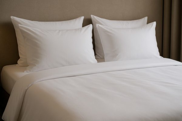Strak opgemaakt hotelbed met wit bedlinnen dat comfort en luxe uitstraalt.