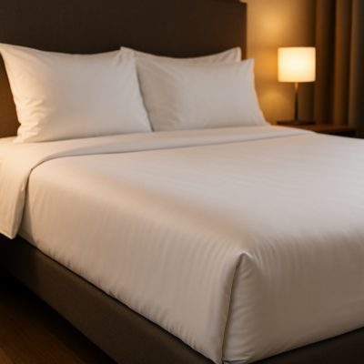 Strak opgemaakt hotelbed met wit hoeslaken en zachte verlichting.