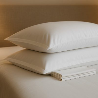 Witte kussens en strak gevouwen kussenslopen op een rustig opgemaakt bed, neutrale tinten en zacht daglicht.