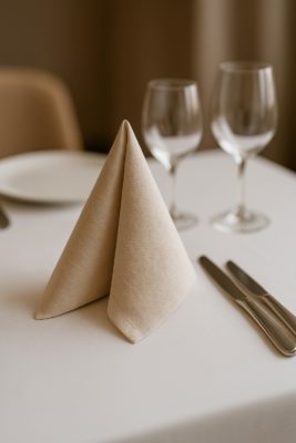 Luxe servet op witte dinertafel met wijnglazen in warme verlichting