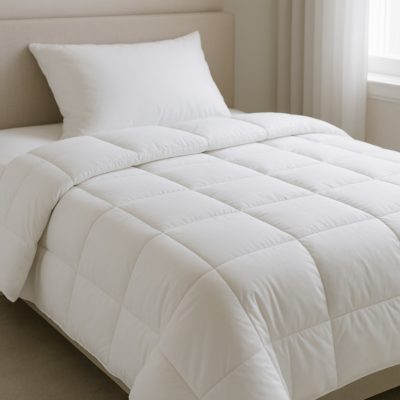 Wit quilted dekbed netjes uitgespreid op een strak opgemaakt bed in een lichte slaapkamer.