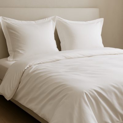 Strak opgemaakt hotelbed met wit dekbedovertrek van hoge kwaliteit, gladde stof en rustige uitstraling in warme kamerbelichting.