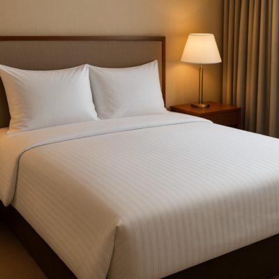 Neat hotel bed with wit dekbedovertrek en twee kussens, geflankeerd door twee lampen.