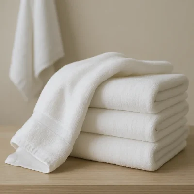 Gestapelde witte handdoeken op een houten oppervlak in zacht daglicht.