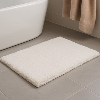 Luxe badmat voor badkamer, geplaatst op lichtgrijze tegels naast een wit bad.